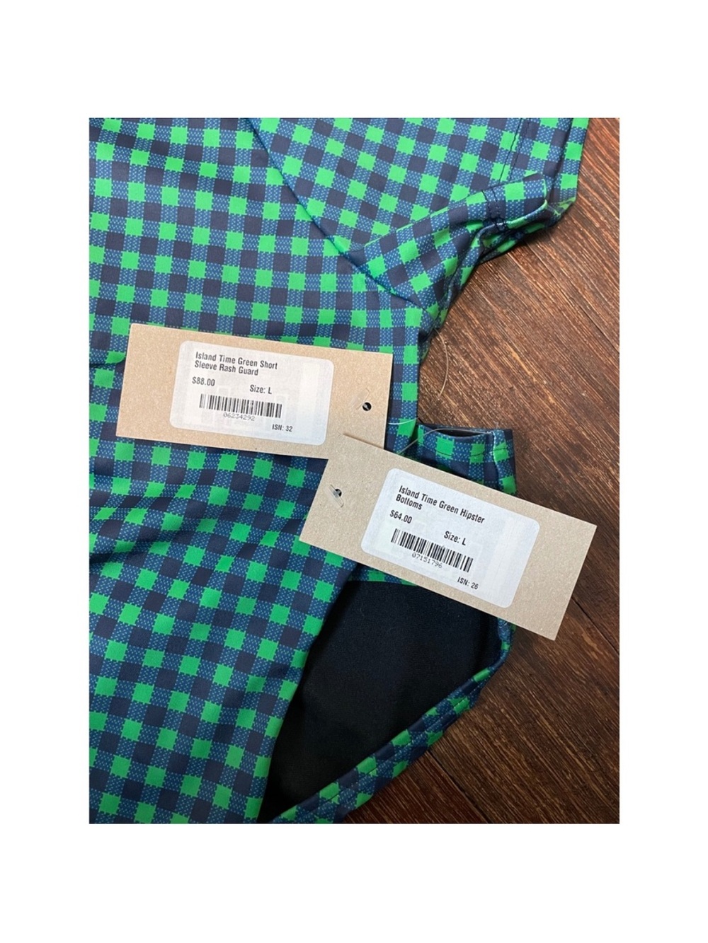 Albion Green Gingham Short Sleeve Rash Guard Swim Set - large NWT - Picture 4 of 6